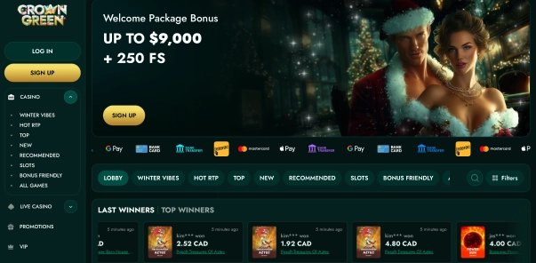 Crowngreen casino user interface with promotional banners